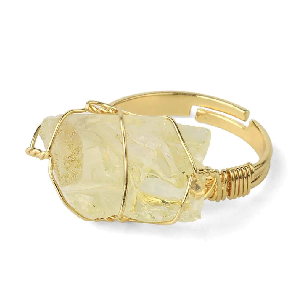 COLORFUL BLING Raw Healing Crystal Natural Stone Ring Statement Copper Wire Wrapped Irregular Crystal Gemstone Adjustalble Ring Jewelry for Women Girls - Lemon Quartz