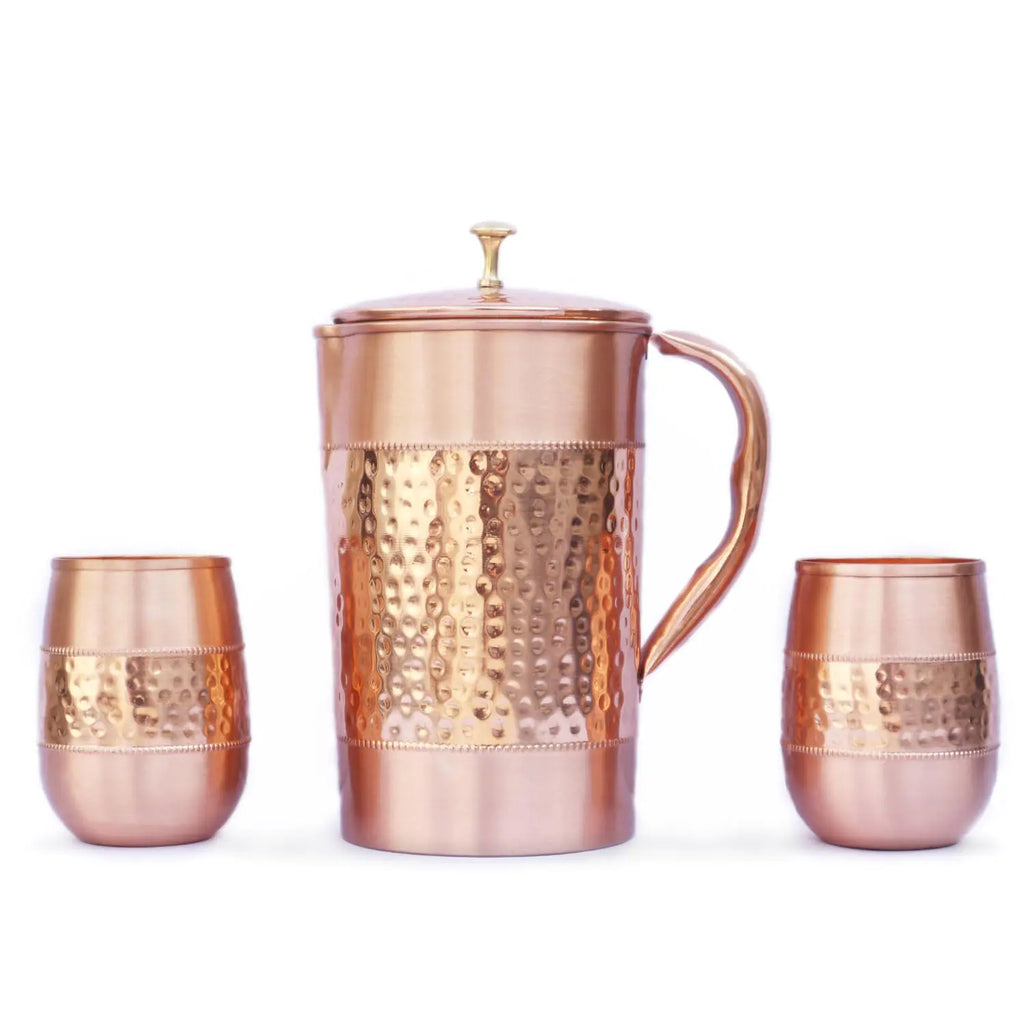 Pure Copper Water Jug with 2 Copper Tumblers (Hammered and Plain Pattern) For Ayurveda Health Benefits (With Barrel Glass)