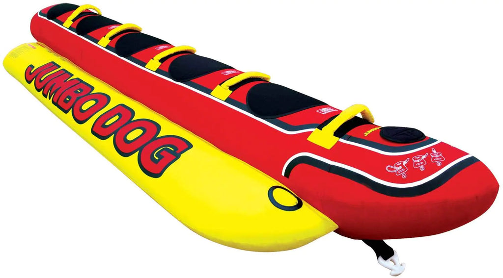 Airhead Hot Dog Towable 1-5 Rider Tube for Boating and Water Sports Neoprene Seat Pads Double-Stitched Full Nylon Cover and Boston Valve for Convenient Inflating and Deflating
