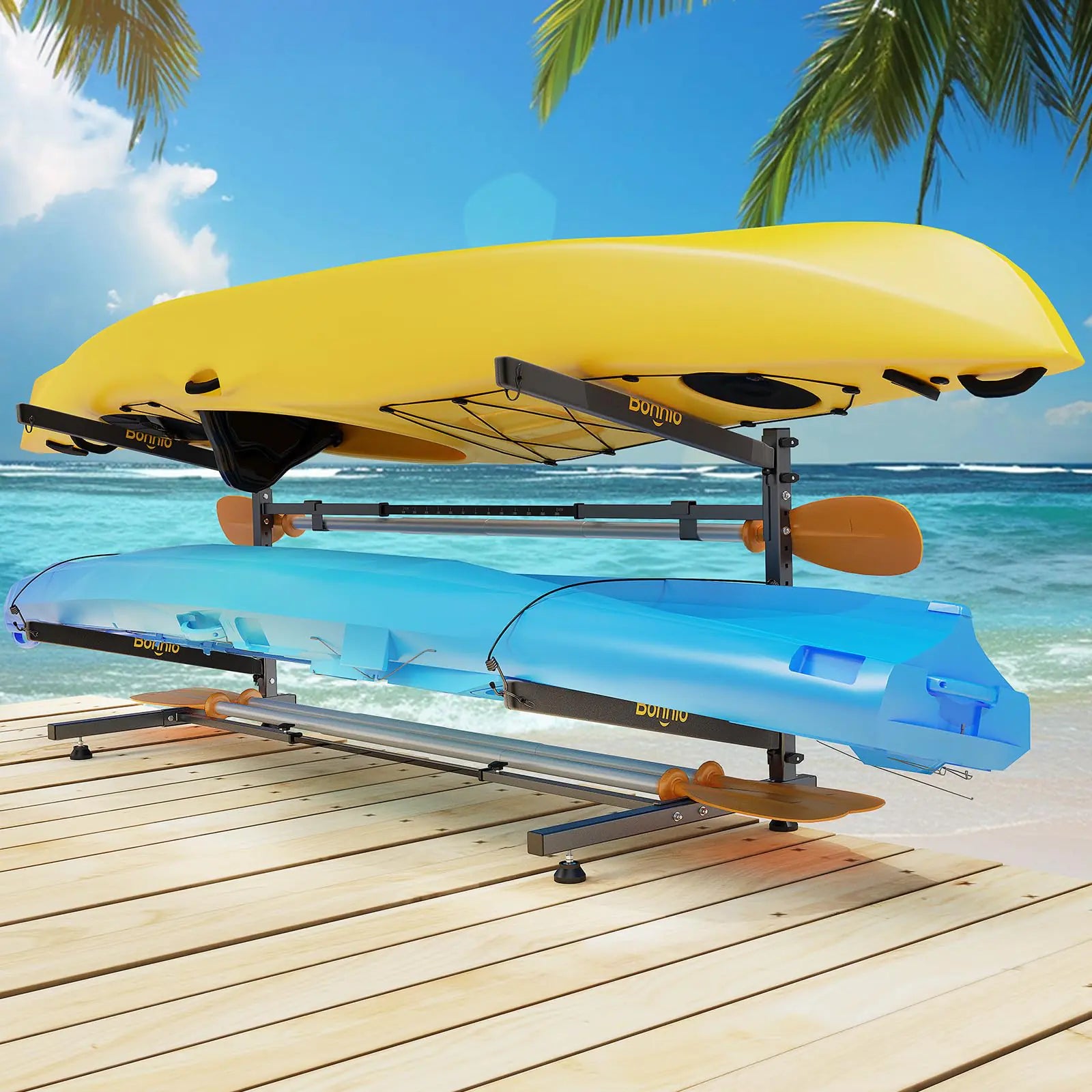 Bonnlo Kayak Storage Rack Adjustable Heavy Duty Kayak Rack for 2 Kayaks Paddle Boards Kayak Paddle Holder for Garage Holds up to 274 lbs Spacesaver Gentle on Padding Boat Organizer