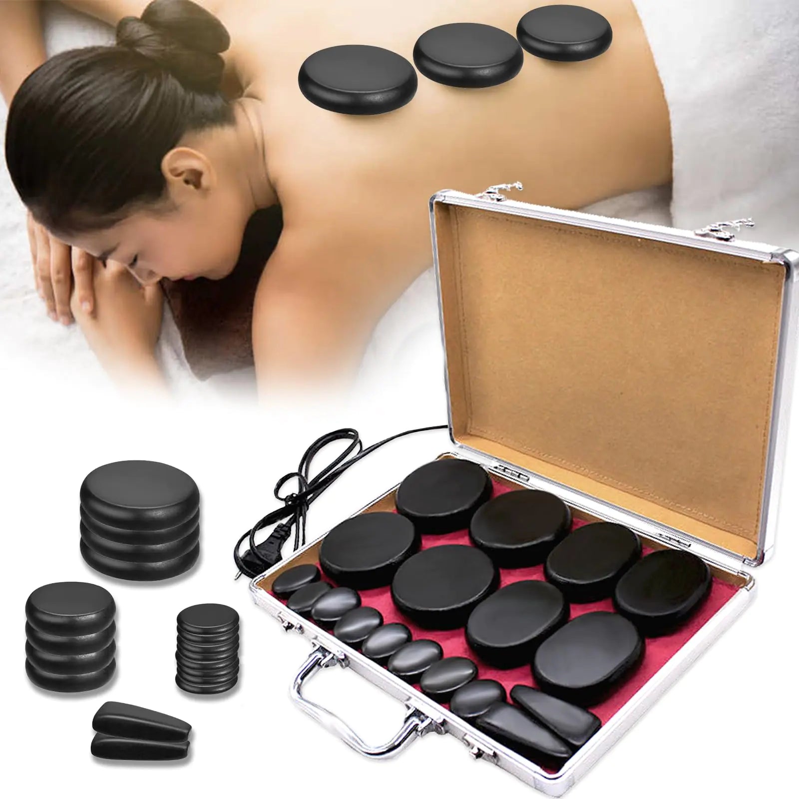 shidarno Hot Stones Massage Set 18 Pcs Basalt Hot Stones with Heater Kit Massage Stones for Professional or Home spa Relaxing Healing Pain Relief
