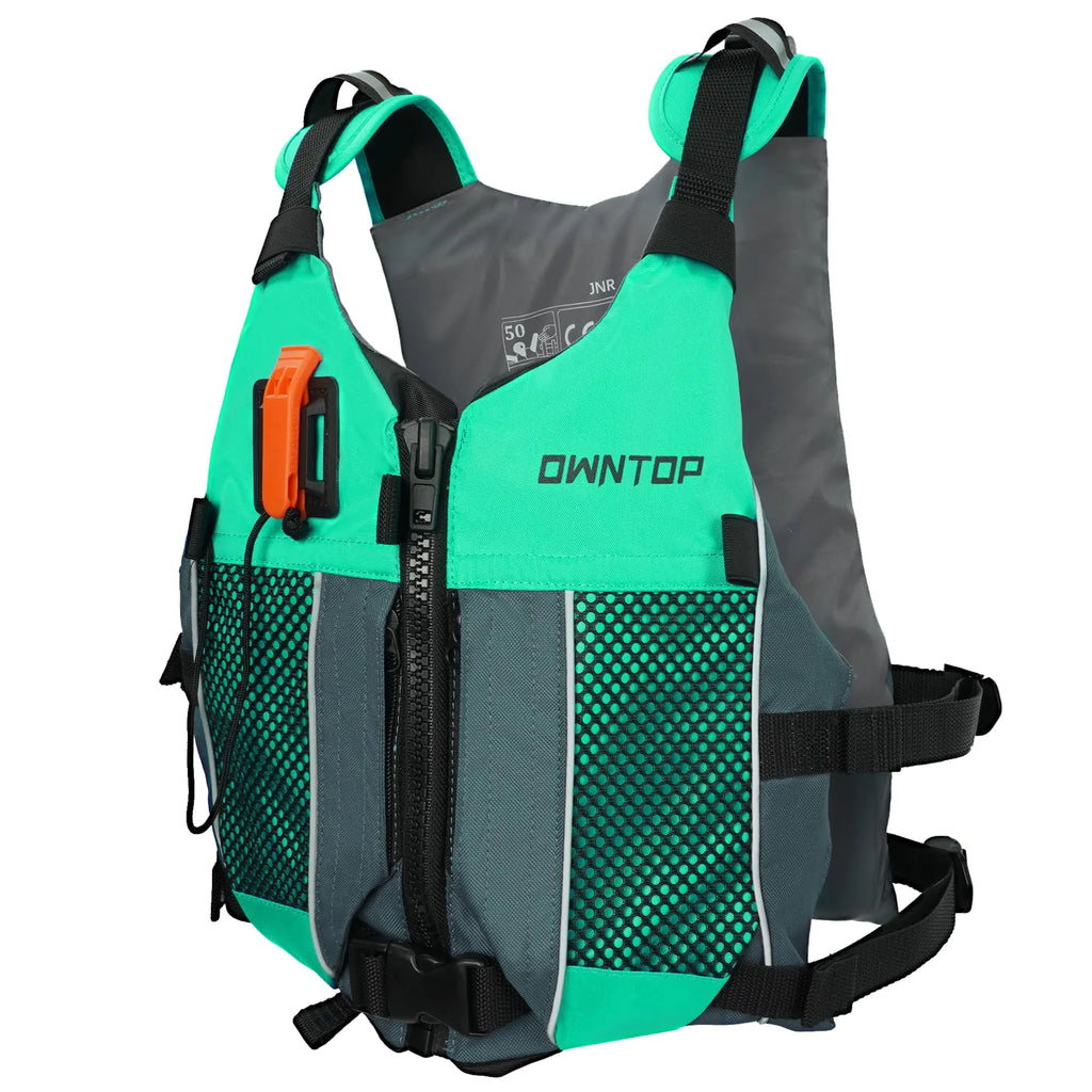 Owntop Swim Vest Youth 50-90 lbs Lightweight Kayak Kids Swim Jacket Hydration Pocket for Wakeboard Boating Fishing Water Sports (Green Junior)