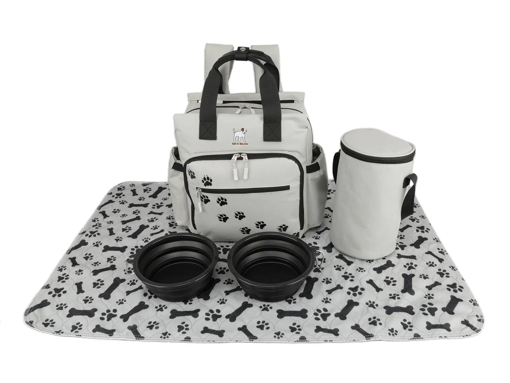 Dog Travel Bag - Dog Backpack Organizer - Pet Travel Kit Airline Compliant - Includes Large Pad Food Canister and Bowls (Gray Paw Prints)