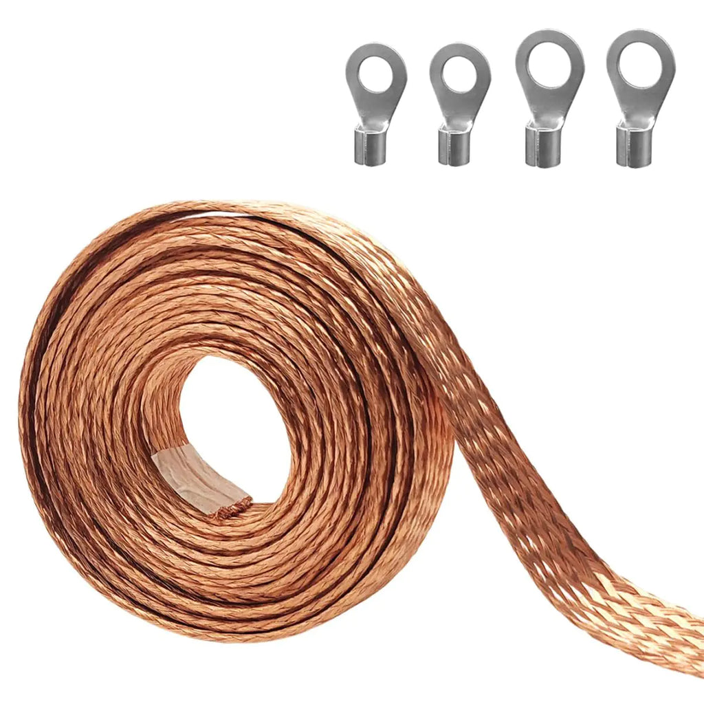 9.8ft 1/2 inch Flat Copper Braided Ground Strap Wire Sleeve Expandable Shielding Wire Mesh with Rings Terminal for Ground Protection Cable