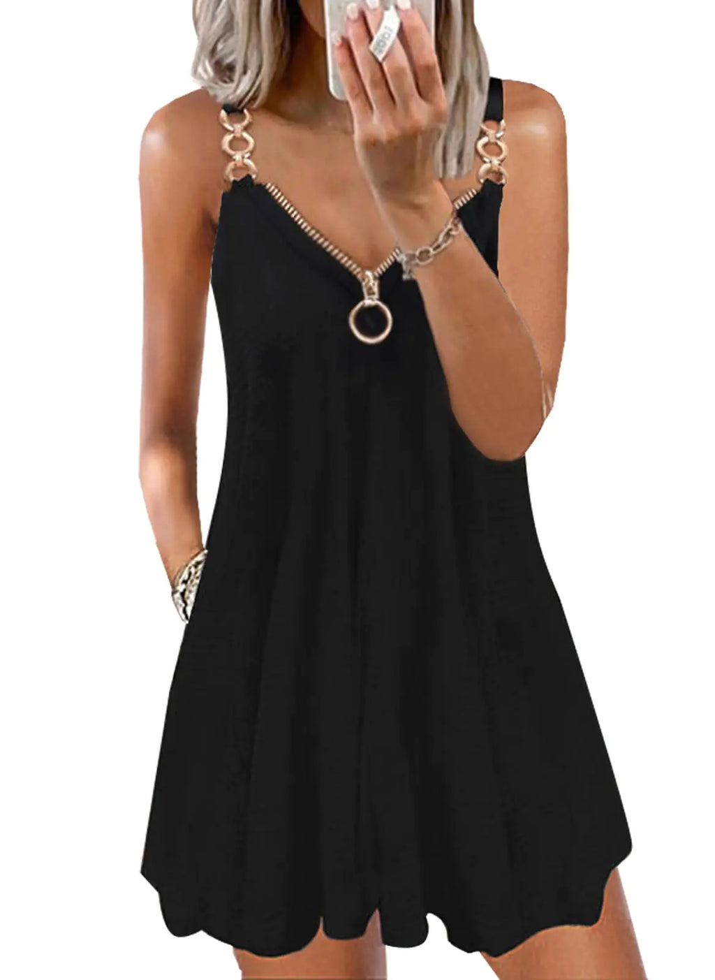 ETCYY NEW Womens Beach Dresses Casual Swing Beach Dress Spaghetti Strap Sundresses Boho Floral Print with Pockets Solid Black