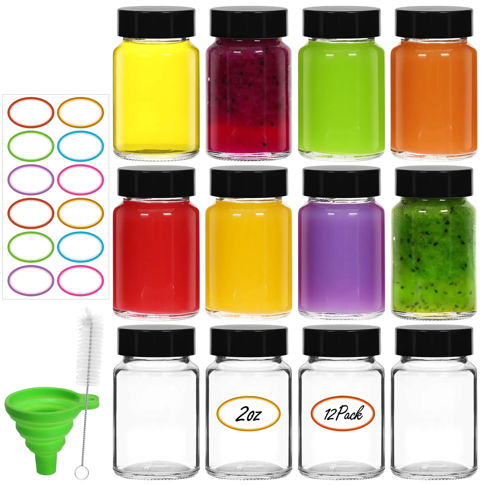EkkoVla 12 Pack 2 OZ Glass Shot Bottles with Lids for Liquids 60 ML Wide Mouth Jars with Caps Reusable Small Clear Juice Shot Bottles for Juice Sample Whiskey - Travel