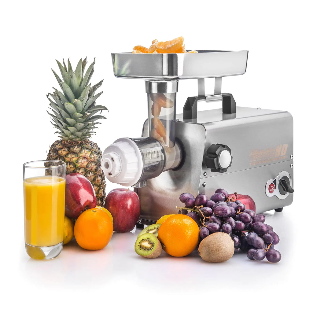 STX Turboforce 3500-TFHD Heavy Duty Electric Meat Grinder w/Cold Press Juicer • Foot Pedal • 5 Grinding Plates • 3 S/S Blades • Sausage Stuffer • Kubbe • 3 Lb. Meat Tray • 2 Meat Claws & Burger Press