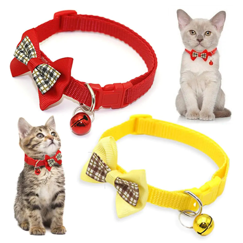 Plaid Bow Collars with Bells for Cats - Adjustable Design