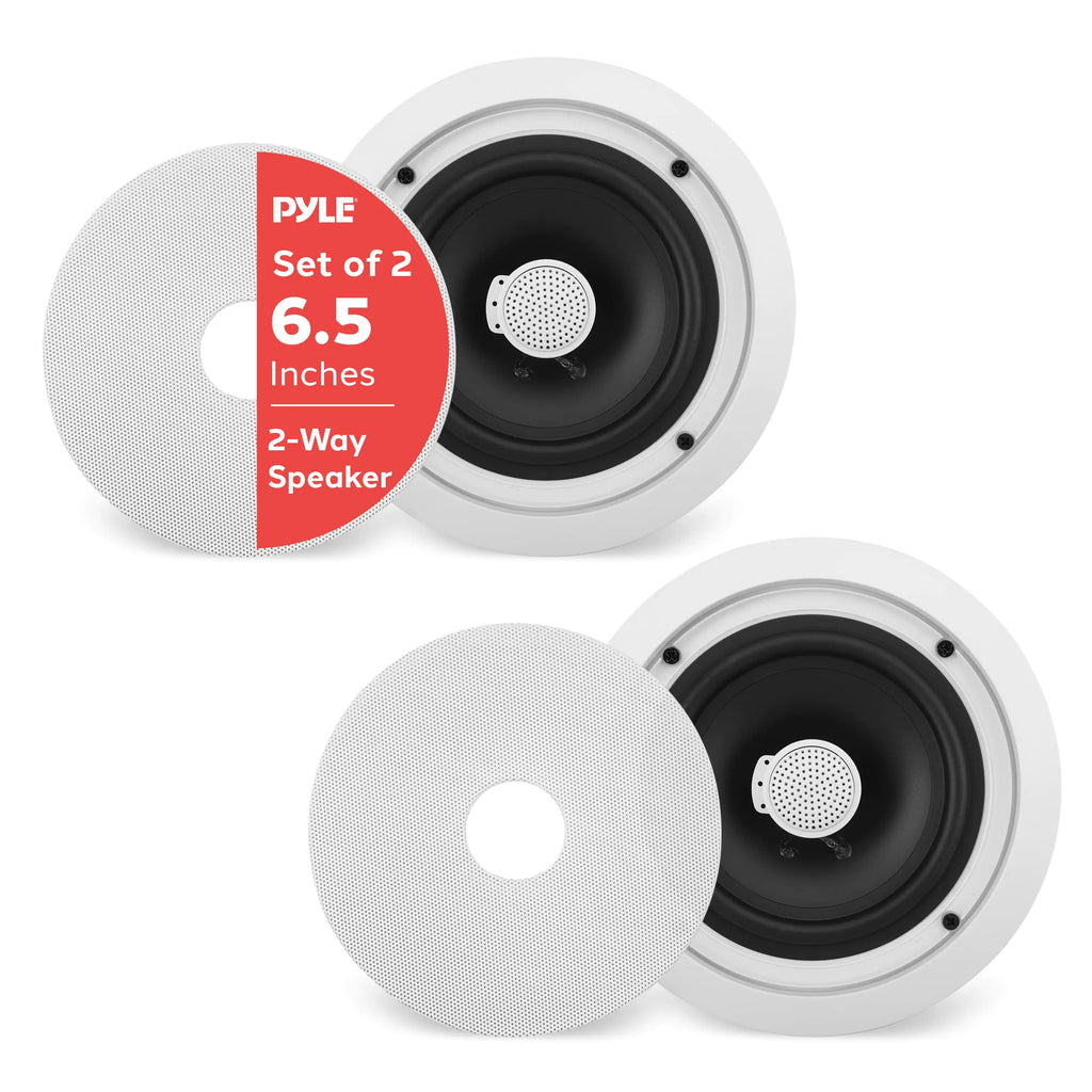 Pyle 6.5 In-Wall/In-Ceiling Midbass Speakers (Pair) - 2-Way Woofer Speaker System Directable 1” Titanium Dome Tweeter Flush Mount Design w/ 65Hz - 22kHz Frequency Response 250 Watts Peak - PDIC60