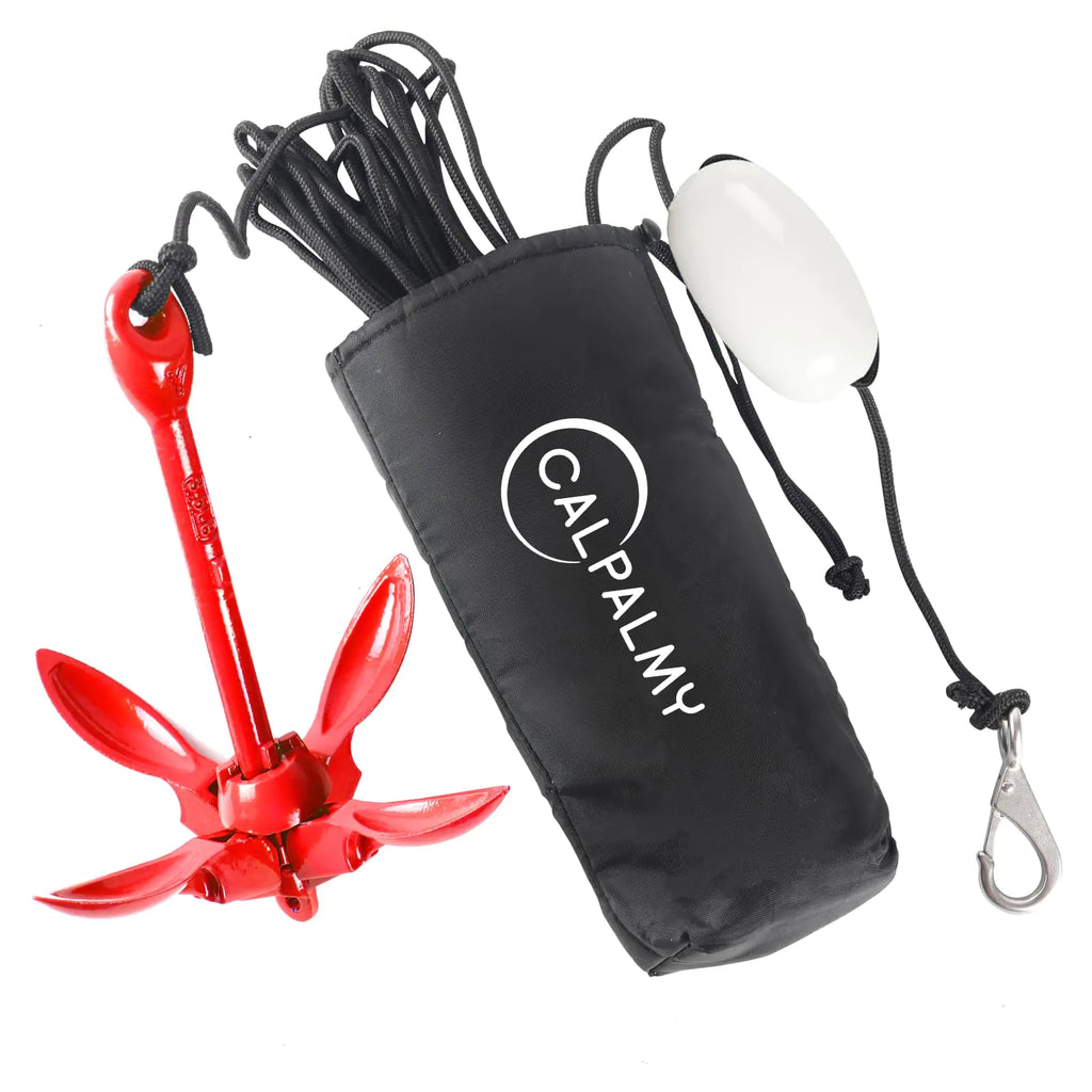 CALPALMY Folding Kayak Anchor Kit 3.5 lb - Versatile Grapnel Anchor for Kayaks Canoes Paddle Boards (SUP) & Jet Skis - 32ft Marine Rope - Lightweight & Portable - Ideal for Water Sports Red