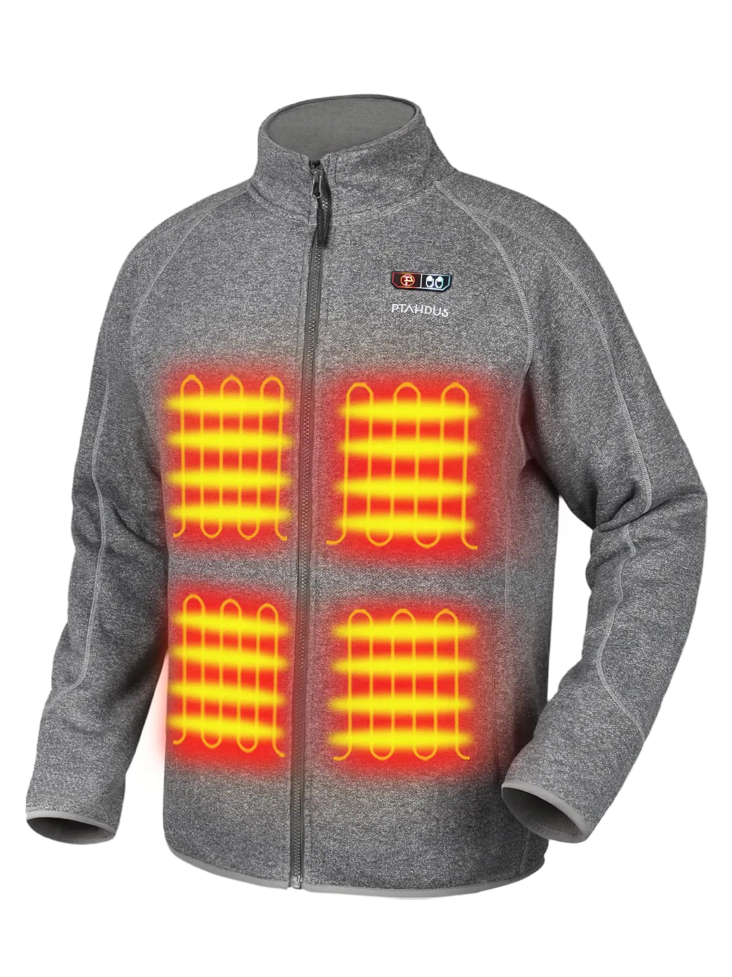 PTAHDUS Mens Heated Fleece Jacket 5 Heat Zones Relaxed Fit Battery Pack Included with Hand Warmer Pocket for Outdoor Work Riding Camping and Fishing (Grey Medium)