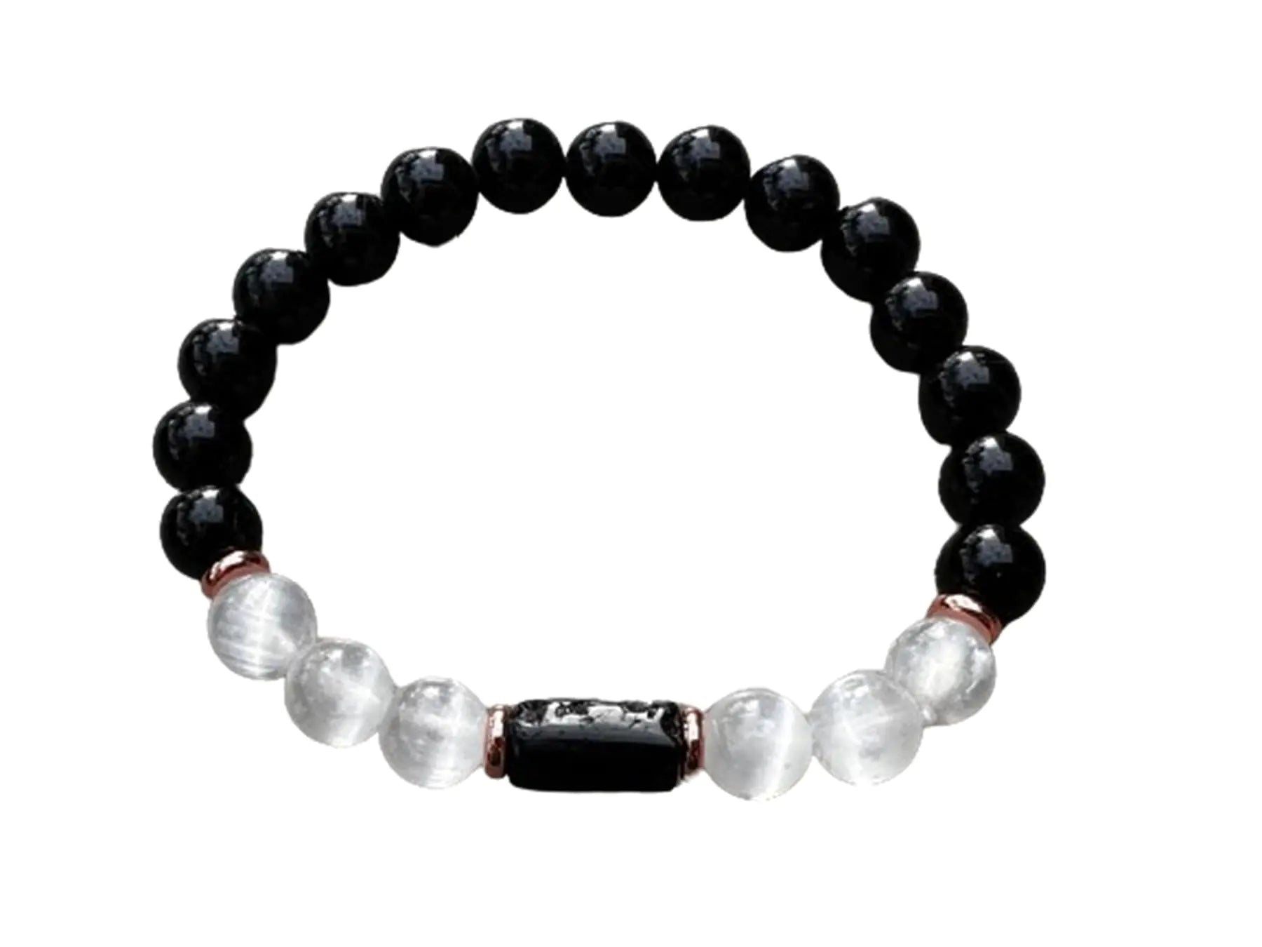 Black Tourmaline and Selenite Crystal Bead Bracelet 8mm Wholesale Genuine Black Tourmaline Cylinder with Copper Discs Stretch Gemstone Bracelet Healing Crystal Bracelet Gift for Men & Women