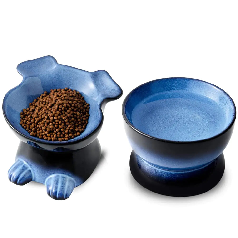Nihow Dog Food & Water Bowl Set: Elevated Ceramic Dog Bowls for Medium/Small Size Dog - Food Safe Raised Puppy Bowls - Vivid Blue Pet Bowl for Protecting Pets Spine (Set of 2)